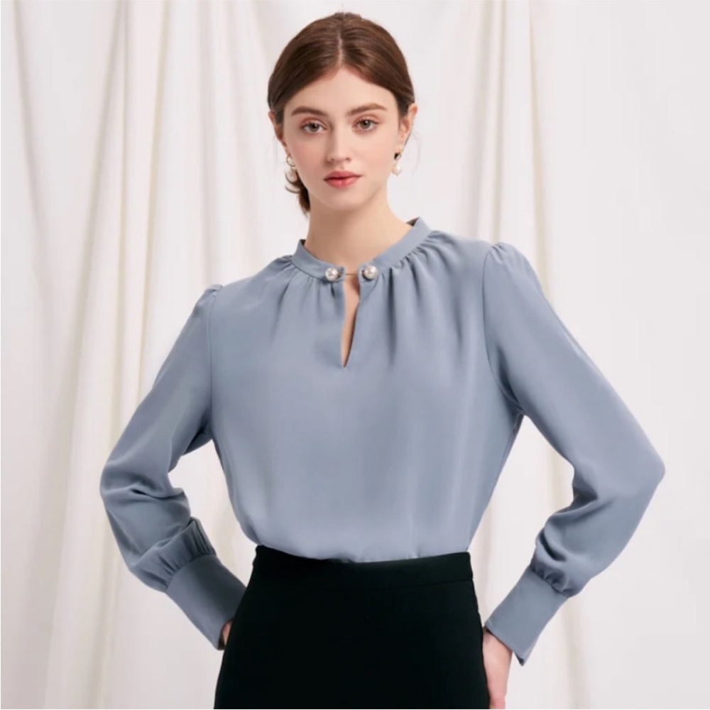 LAST CHANCE -- Petite Studio NYC Buvette Blouse in Dusty Blue